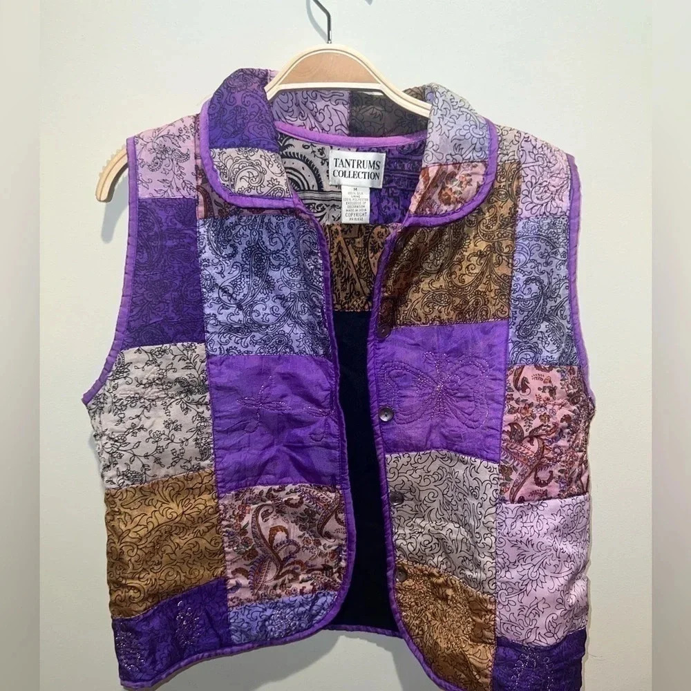 Tantrums Collection 100% Silk Purple Patchwork Vest Sz Medium Fall Festive Regal